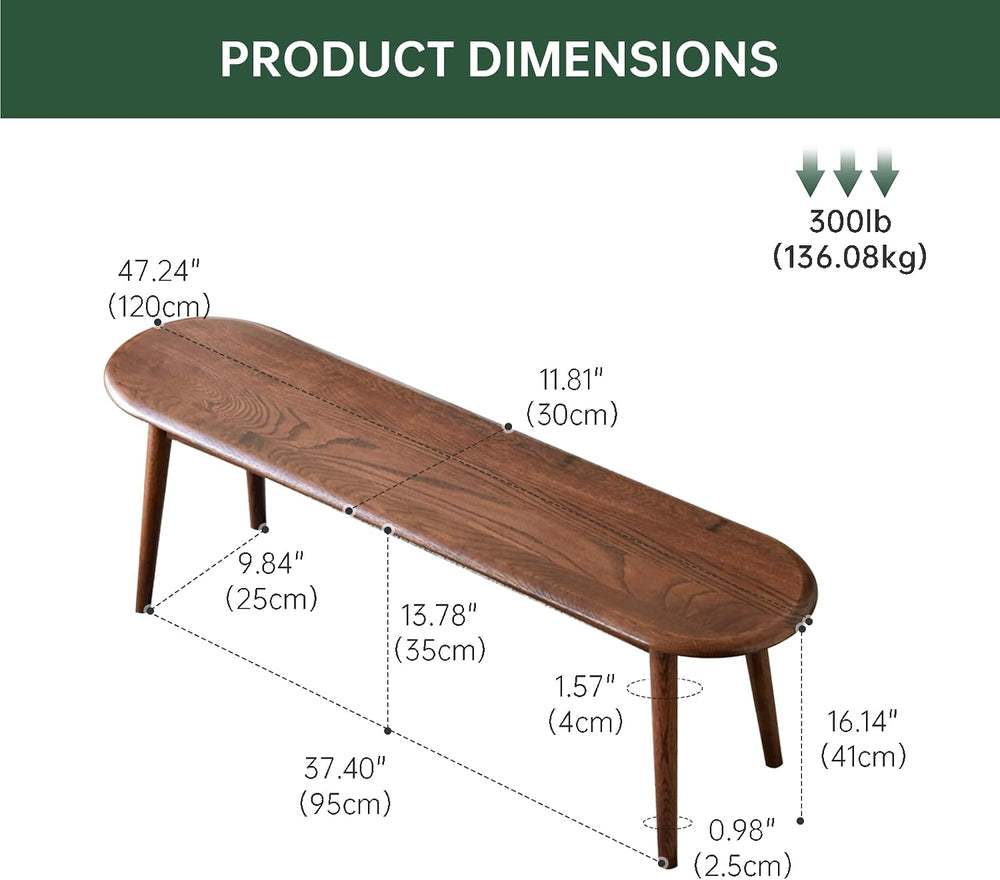 100% Solid Oak Wood Dining Bench, 47.2'' Entryway Bench Ottoman with ...