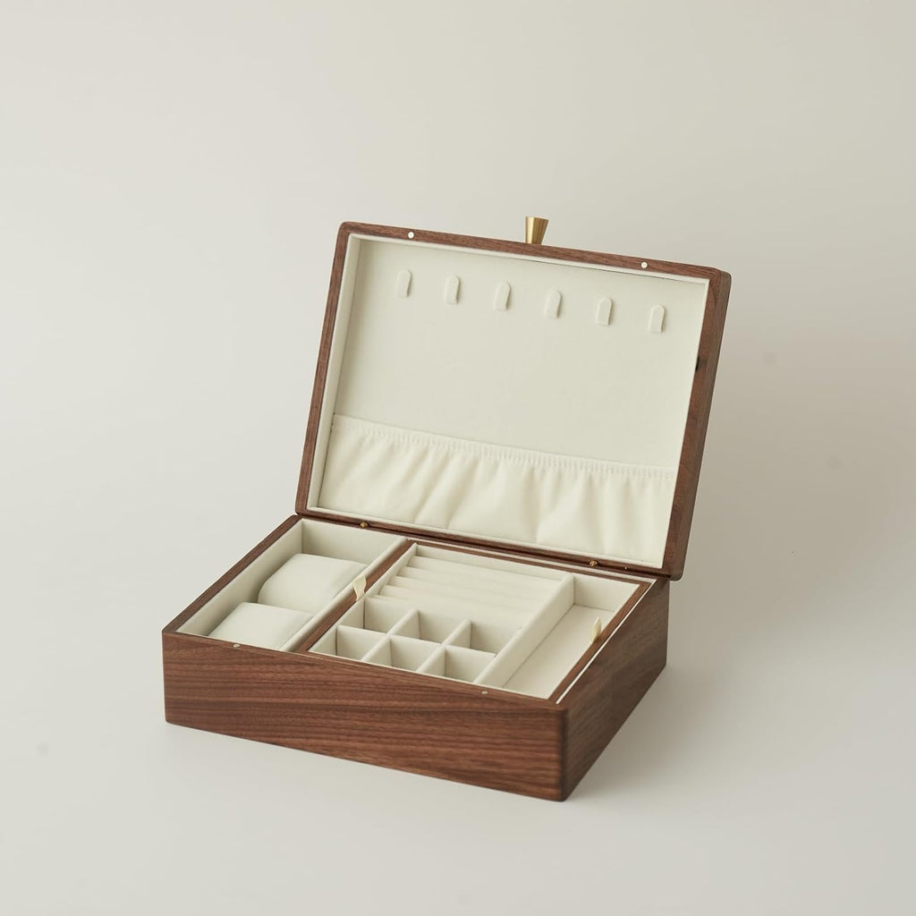 Black Walnut Wood Jewelry Box With Velvet Lining,Personalized Ring and Necklace Box for Women and Girls,Brass Handle (No lock)