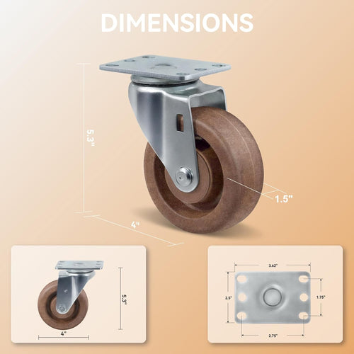 4" Hi-Temp Glass FiIled Nylon Casters, Heavy Duty Casters Set of 4, Industrial Caster Wheels for Commercial Kitchen, Bakery - 2400 lbs Capacity(2 Swivel & 2 Rigid)