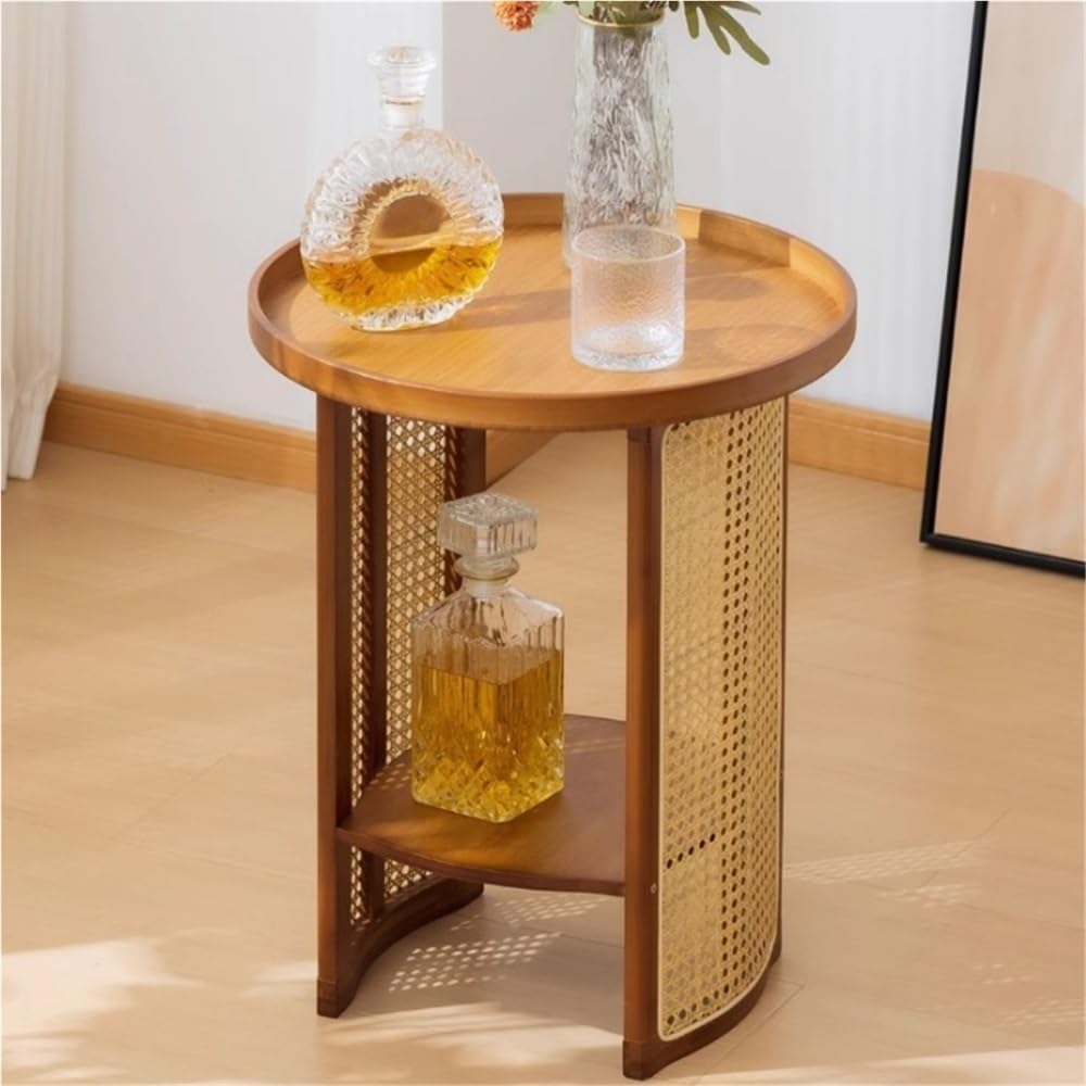 2-Layer Storage End Table, Resin Rattan Small Side Table, Small Round Table w...
