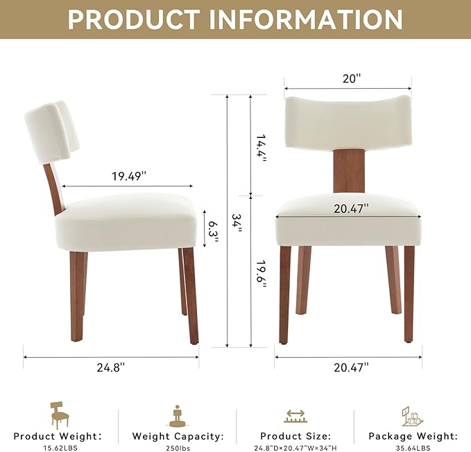 Dining Chairs Set of 6, Upholstered Fabric Kitchen Chairs with Solid Wood Legs, Modern Mid Century Accent Side Chairs for Dining Room Living Room, Ergonomic Comfort White (White, Set of 6)