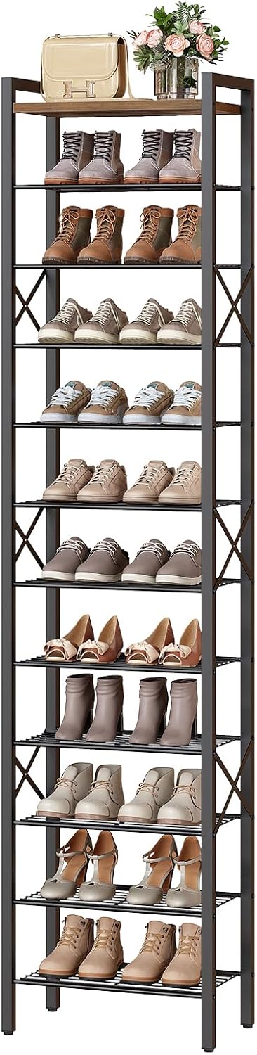 12-Tier Narrow Shoe Rack, Tall Shoe Rack for 12-24 Pairs, Slim Shoe Storage Organizer with Wooden Top, Space Saving, Metal Frame, for Entryway, Rustic Brown and Black SS61BR