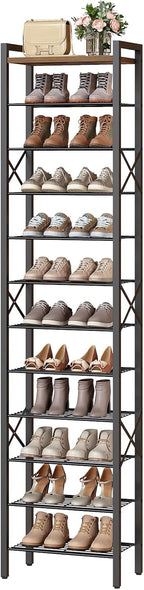 12-Tier Narrow Shoe Rack, Tall Shoe Rack for 12-24 Pairs, Slim Shoe Storage Organizer with Wooden Top, Space Saving, Metal Frame, for Entryway, Rustic Brown and Black SS61BR
