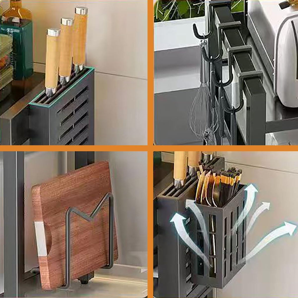Extendable Microwave Oven Rack, 15.7~24.8" L Expandable Microwave Stand with Storage Shelf Heavy Duty with 6 Hooks and Chopsticks Cutting Board Holder for Kitchen Countertop
