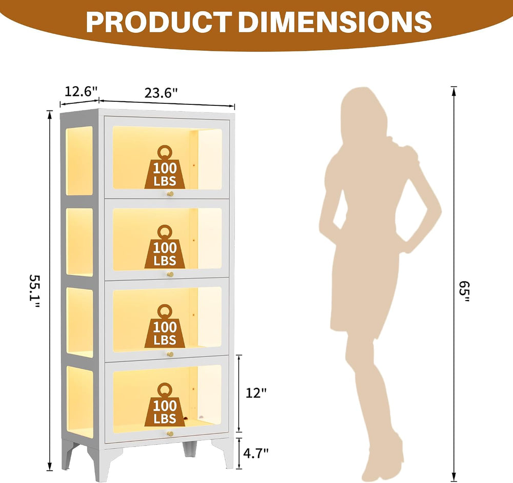 4 Tier Glass Display Cabinet with Flip-Up Doors, 55" Curio Cabinet with ...