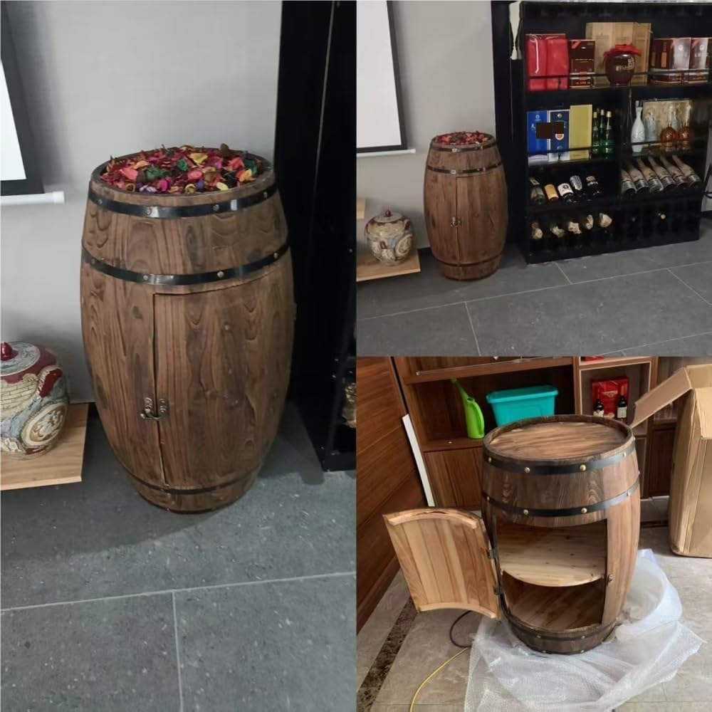 Wooden Barrel Table, Freestanding Whiskey Cabinet with Storage Shelves, Rusti...