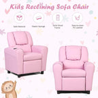 Kids Recliner chair, toddler Armchair Upholstered Couch with Cup Holder, Backrest, baby Leather sofa with Headrest and Footrest, Child Furniture for Ages 2-7(Pink)
