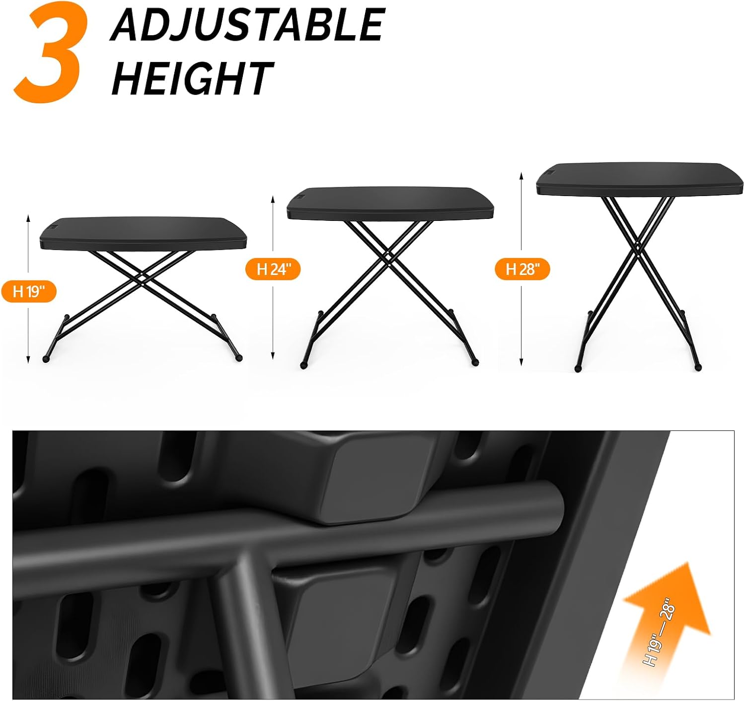VINGLI 30" Small Folding Table Portable, Laptop TV Tray, Camping Table | 3 Ajustable Height, HDPE Top with Steel Frame,Black- Small Office Spaces, Gaming Station, a Craft Table or Dining