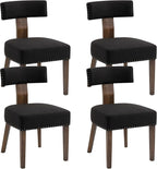 Upholstered Wooden Farmhouse Dining Chairs Set of 2, Mid-Century Modern Fabric Dining Room Chairs with Wood Legs, Curved Backrest Kitchen Armless Accent Chairs for Living Room, Black