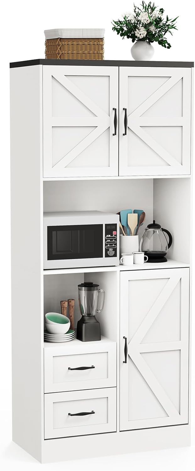 Bigbiglife Farmhouse Kitchen Pantry Cabinet with LED Lights and Power Strip, ...
