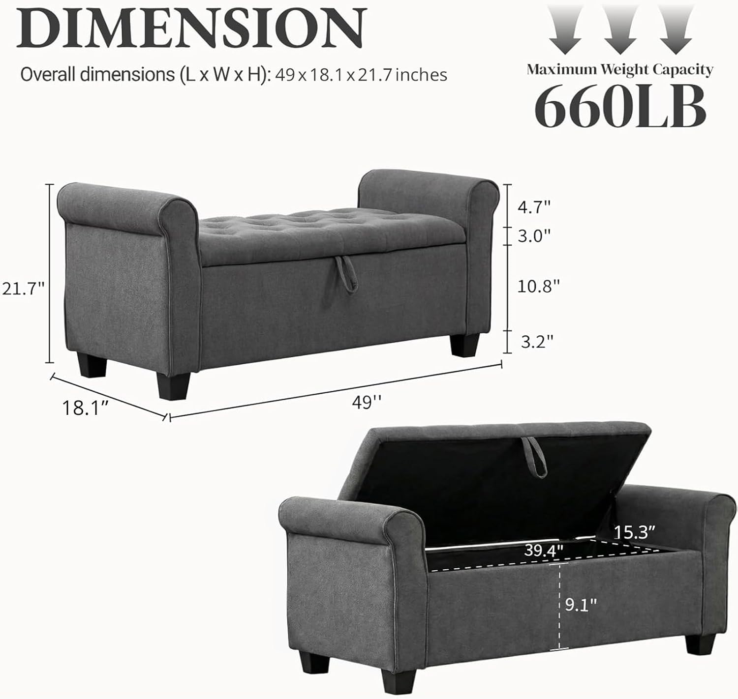 49" End of Bed Storage Bench for Bedroom, Upholstered Storage Ottoman | Easy Assembly with Instructions, Pet Friendly, Polyester Fabric Ottoman Bench for Bedroom, Living Room, Window, Entryway