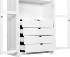 LUMISOL 75" Tall Kitchen Pantry with 4 Built-in Drawers, Kitchen Storage Cabinet with Glass Doors, Display Cabinet for Living Room Dining Room Office, White
