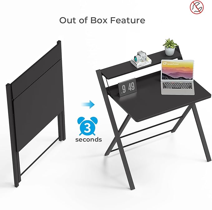 GreenForest No Assembly Folding Desk, 2-Tier Compact Computer Desk with Shelf, 30 inch Space Saving Foldable Table for Home Office, Dorm or Apartment, Portable Collapsible Sturdy Laptop Desk, Black