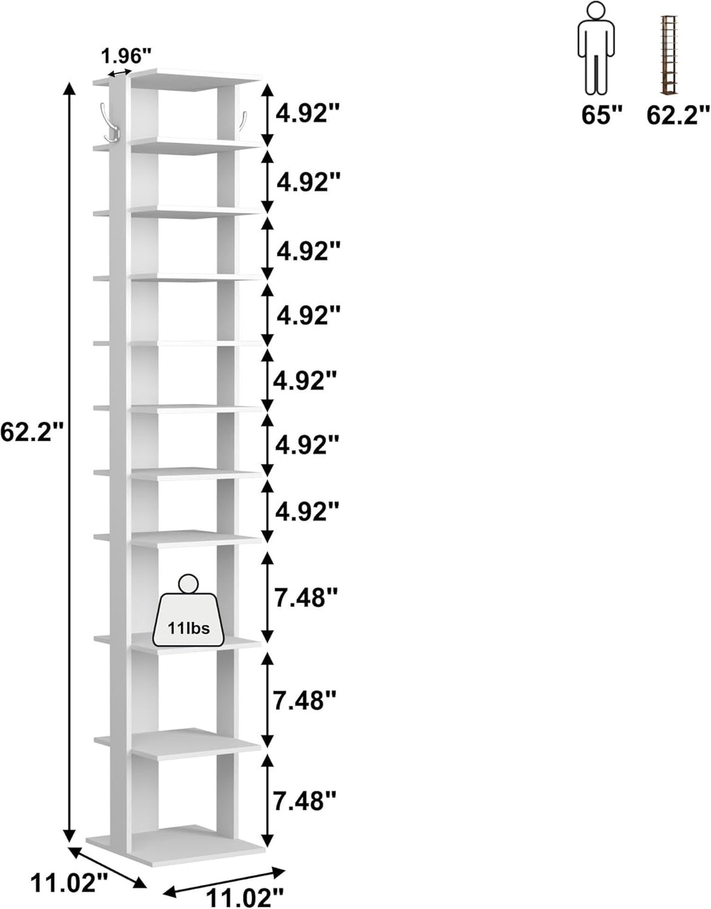 HOMEFORT 10-Tier Vertical Shoe Rack, Corner Shoe Tower, Slim Shoe Organizer with Two Hanging Hooks, Wooden Shoe Storage Stand for Entryway, Hallway, Closet (White)
