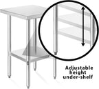 KUTLER Stainless Steel Table 24 x 18 Inches, NSF Heavy Duty Commercial Kitchen Prep and Work Table with Undershelf for Restaurant, Hotel, Home