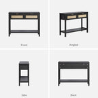 SICOTAS Black Console Table Set of 2 - Boho Entryway Table with Rattan Drawers, 2 Tier Shelf, Narrow Long Sofa Tables for Living Room, Entry Table for Hallway, Foyer