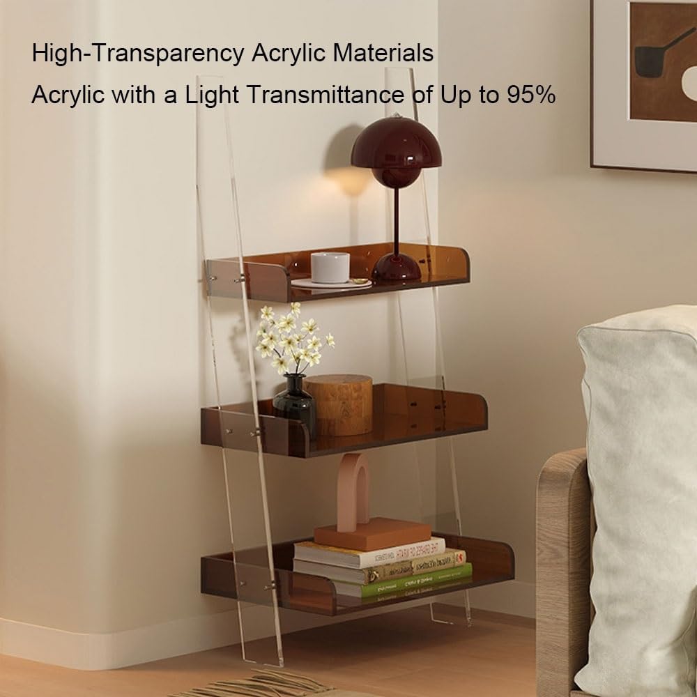 Small Acrylic Ladder Bookshelf, 3-Tier Freestanding Ladder Shelf Bookcase, Multipurpose Narrow Storage Rack for Living Room, Office(Clear)