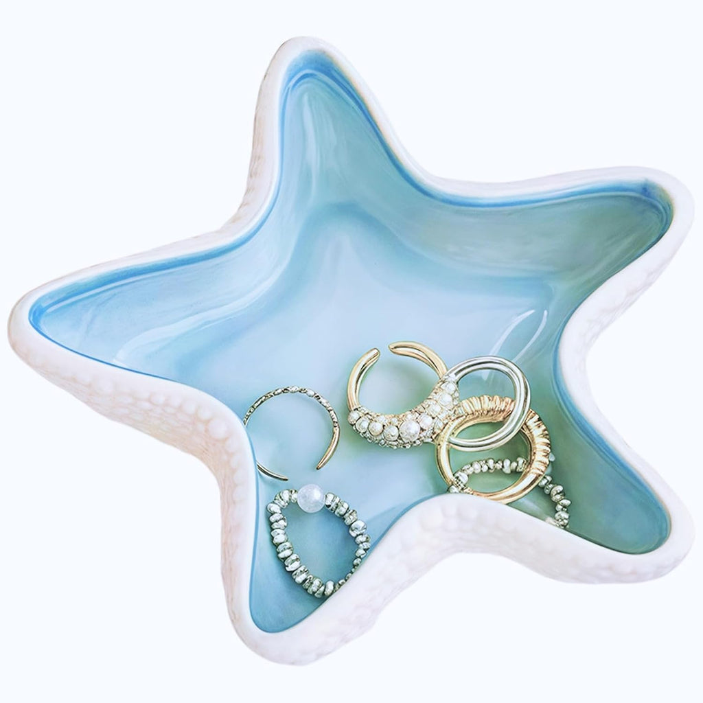 Starfish Ceramic Jewelry Tray, Ocean Themed Trinket Holder for Jewelry Storage, Beachy StDecorative Trinket Ring Dish, Suitable for Mother Friend Sister, Gifts for Women, Home Decor(Sea Blue)