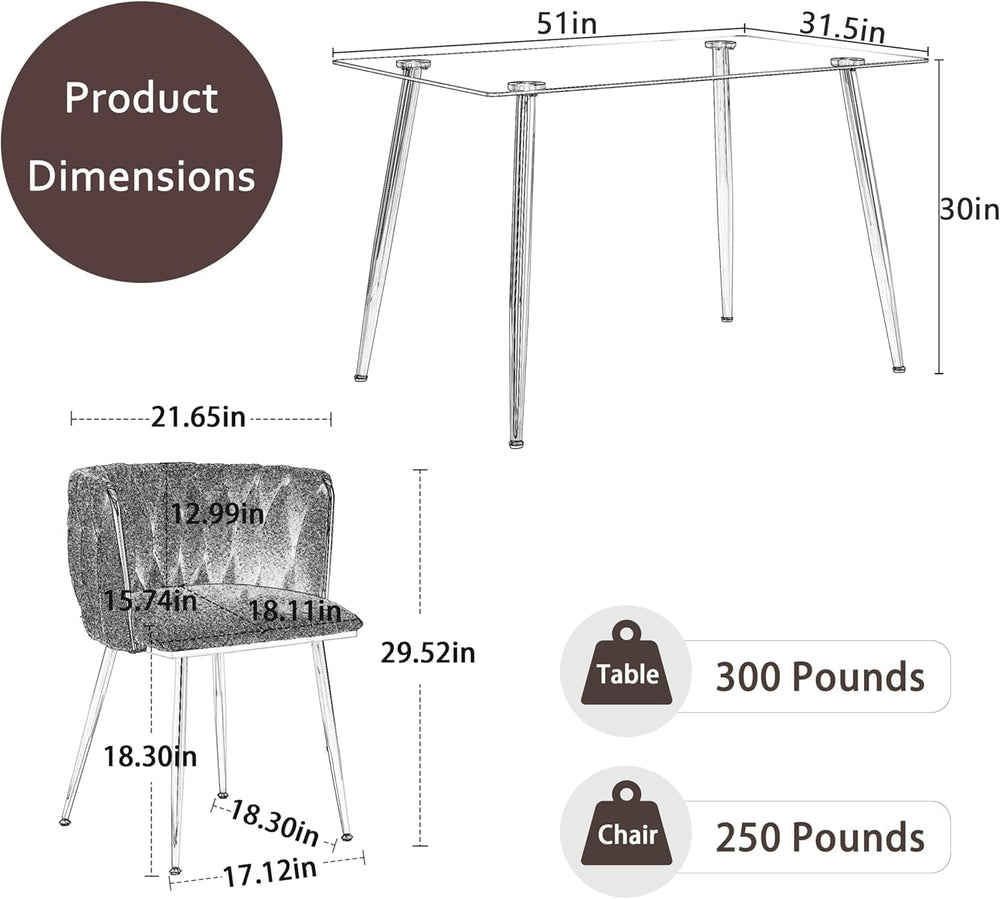 Modern Gold Glass Dining Table Set for 4, 51'' Clear Glass Top Rectan...