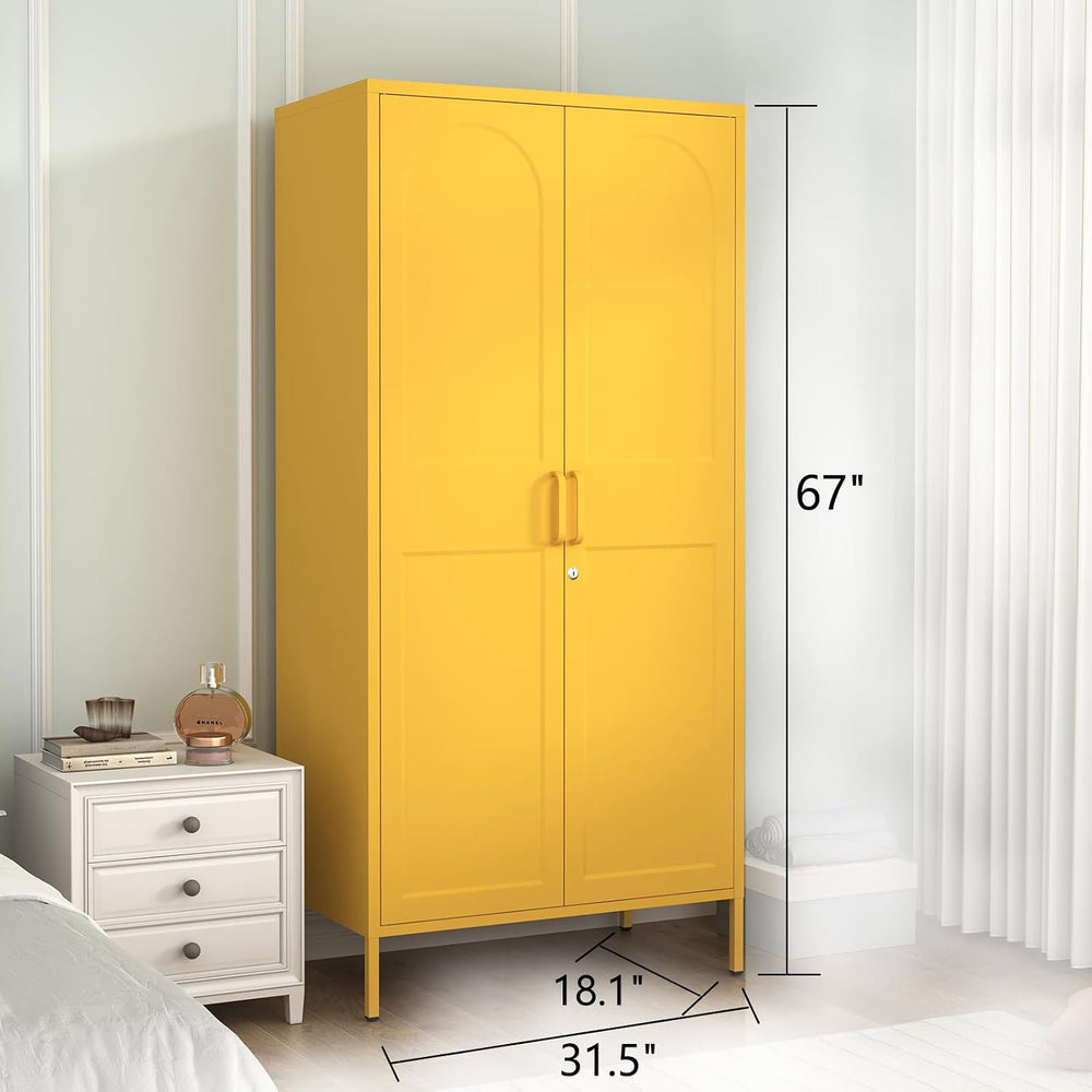 67 Inch Lockable Yellow Steel Wardrobe Storage Cabinet, Freestanding Metal Ar...