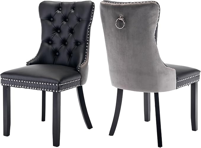 Dining Chairs Set of 2, Upholstered Tufted Dining Room Chairs with High Back, Nailhead Trim and Solid Wood Legs, Modern Dining Chairs for Dining Room, Black Pu Leather Splicing Grey Velvet