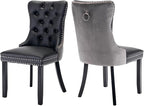 Dining Chairs Set of 2, Upholstered Tufted Dining Room Chairs with High Back, Nailhead Trim and Solid Wood Legs, Modern Dining Chairs for Dining Room, Black Pu Leather Splicing Grey Velvet