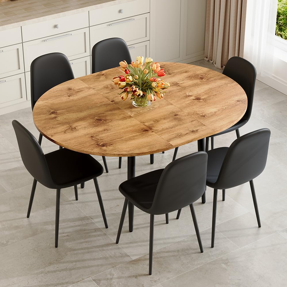 FURNITO Wood Dining Table Set for 6, 42"-54" Round to Oval Extendable Table with 6 Chairs, Space-Saving Contemporary Dining Room Tanble Set for Small Apartments or Kitchens, Easy Assembly