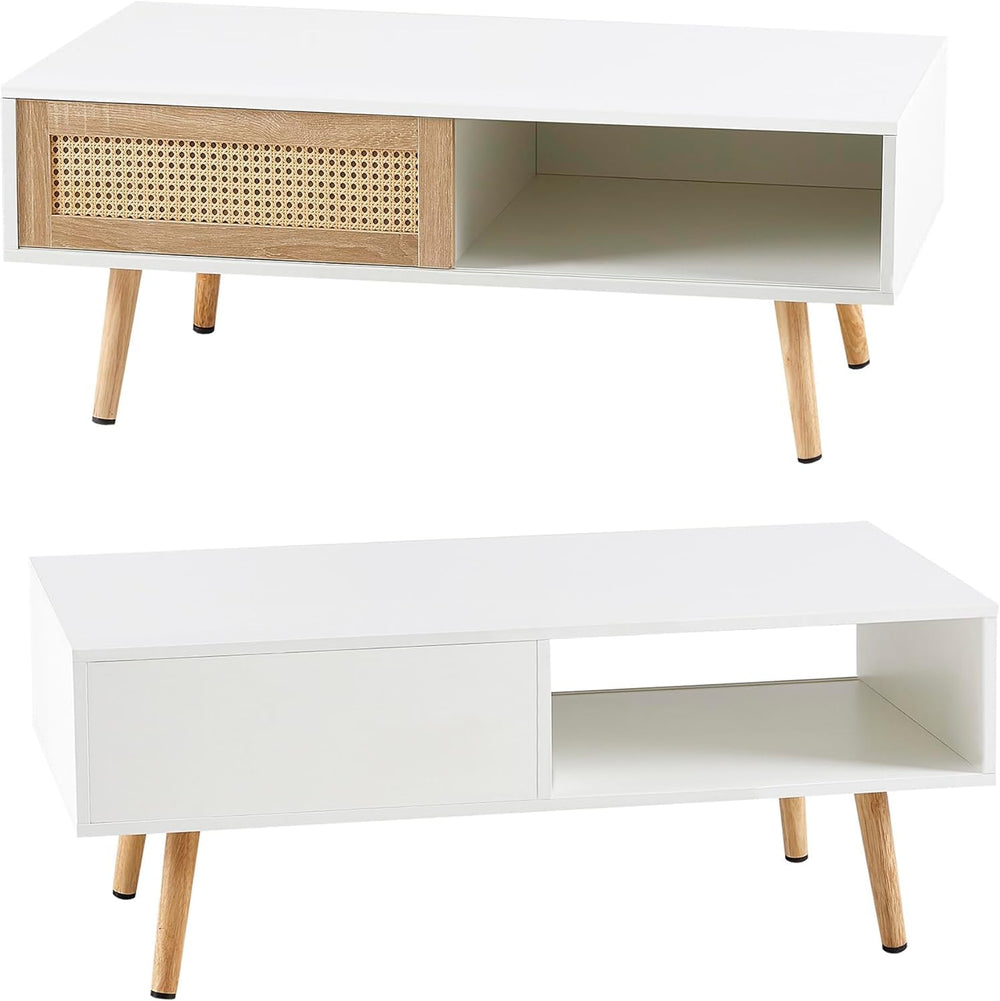 Rattan Center Table and Nightstand Set, 3-Piece Wood Living Room Table Set In...