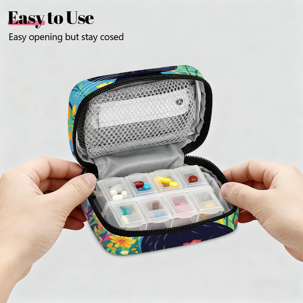 Art Painting Flower Cat Pill Organizer Travel Medicine Case with Zipper Daily Vitamin Storage Bag Portable 8 Slot Weekly Pill Box Supplement Holder for Home Office Gym Travel