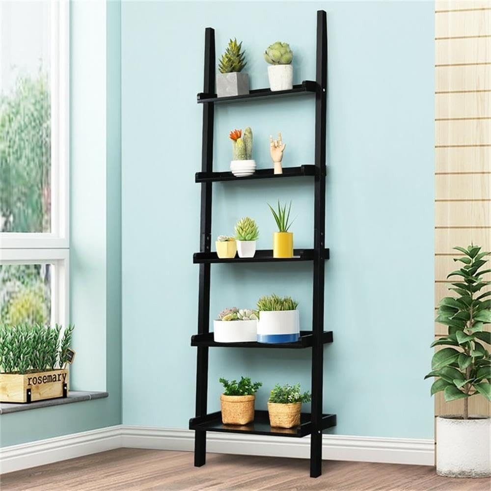 Pemberly Row 5-Tier MDF Ladder Shelves, Black Finish, 74.5" H x 13" W x 23" L, Wall-Leaning Design, Contemporary Storage Unit for Living Room, Study, or Bathroom Decor
