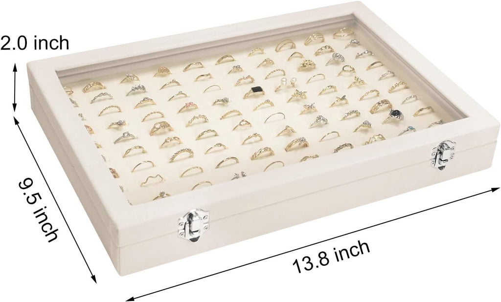 Velvet Ring Display Tray Organizer Box with Transparent Lid, 100 Slot Ring Holder Showcase For Store Display Jewelry Show Home, Ring Organizer For Rings Earrings (Beige)