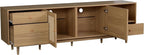 Ball & Cast 76" Boho TV Stand for TVs up to 85", Media Console with Real Rattan Doors, Open Shelf, 3 Drawers & 2 Cabinets, Natural Wood Grain Entertainment Center w/Solid Wood Legs for Living Room