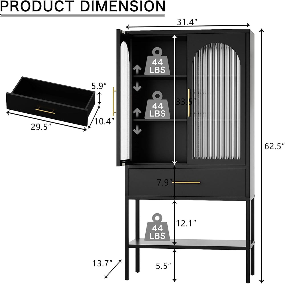 63" Tall Metal Storage Cabinet with Glass Doors, Kitchen Pantry Cabinet ...
