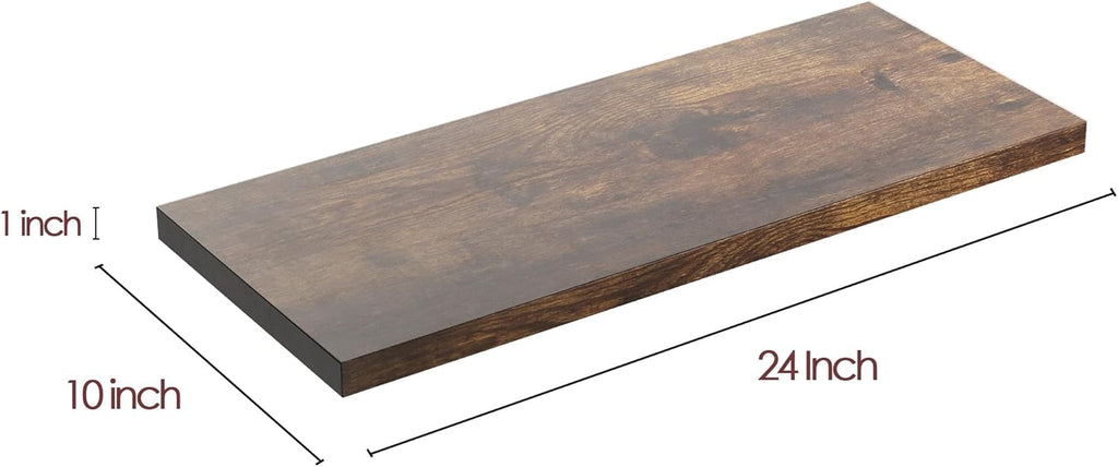 Wall Shelf Set of 3, Rustic Brown Floating Shelves 24 in W x 10 in D x 1 in H, Wooden Floating Wall Shelf with Invisible Brackets for Living Room/Bedroom/Bathroom/Kitchen Storage and Decor