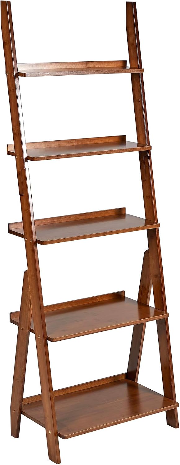 Bookshelf & Ladder Shelf &Storage Rack & Multipurpose Bamboo Organizer Shelves Furniture for Home Office, Living Room, Kitchen, Office 5 Tier （Brown）