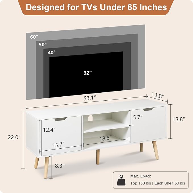 ALINE FURNITURE White TV Stand for 50 55 60+ inch TVs - Media Console with 2 Cabinets & Open Shelves, Solid Wood Legs - TV Consoles for Living Room - 22" H Entertainment Center for Bedroom
