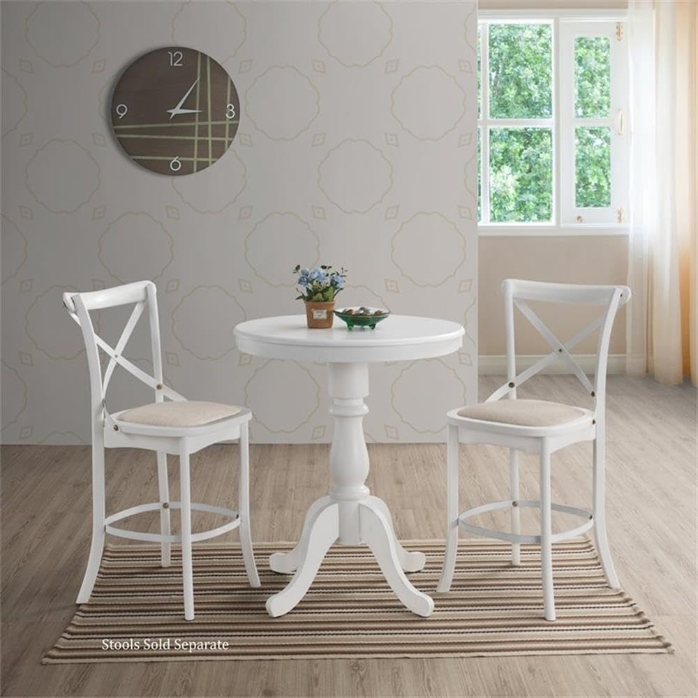 Pemberly Row 30" Round Pedestal Bar Table, Solid Wood, Antique White Fin...