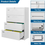 4 Drawer File Cabinet, Lateral Filing Cabinets for Home Office, Office Storage Drawers with Lock, Hanging Files Legal/Letter A4 Size (Assemble Required,White)