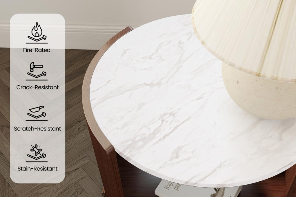 DDAYALANE Farmhouse Wooden Bedside Table for Living Room, White Faux Marble T...