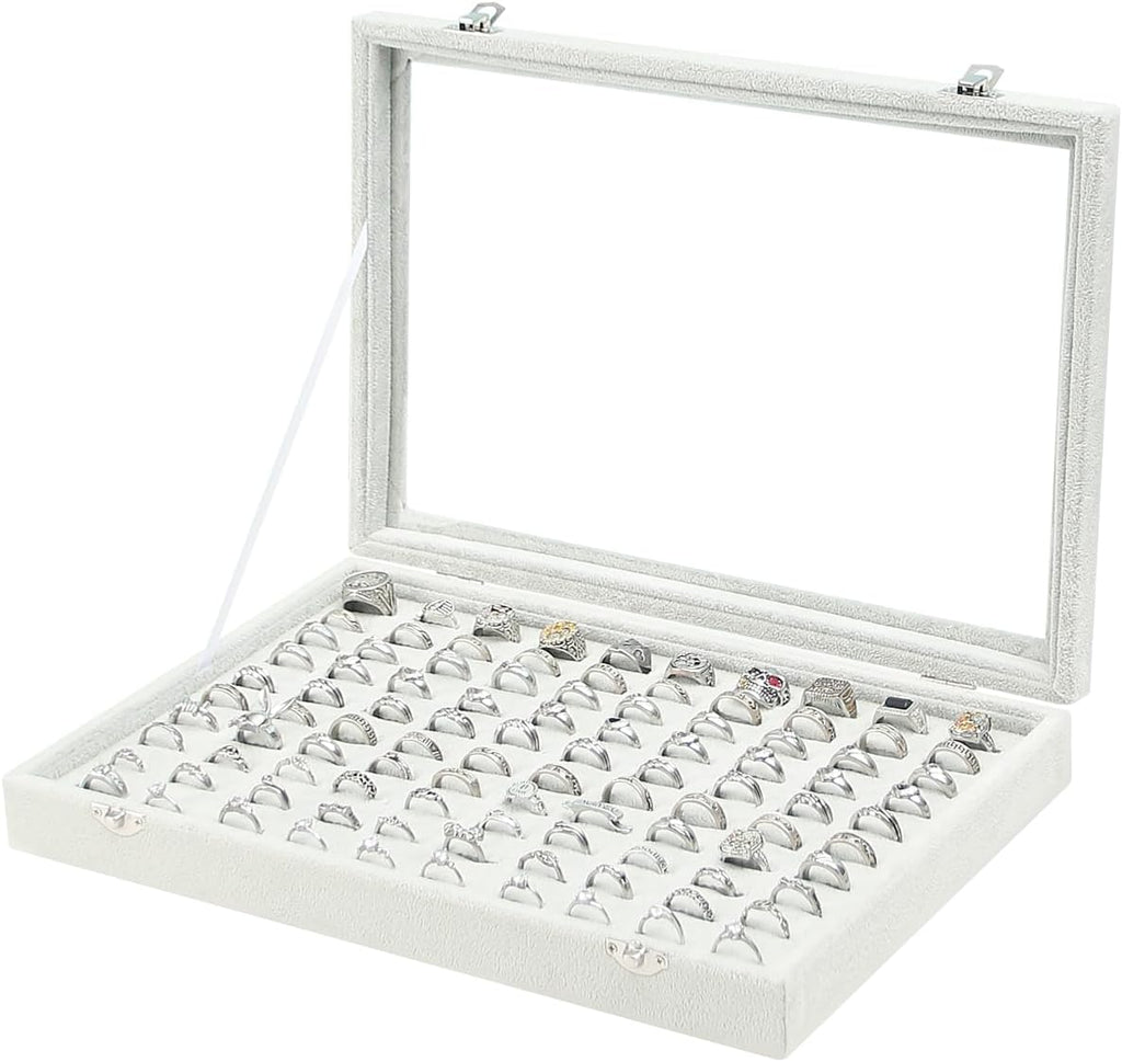 Coward Ring Organizer Jewelry Tray Box, Grey Beige Velvet 100 Slots Ring Display Tray Case with Transparent Glass Lid for Home Use or Store Selling Show