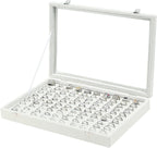 Coward Ring Organizer Jewelry Tray Box, Grey Beige Velvet 100 Slots Ring Display Tray Case with Transparent Glass Lid for Home Use or Store Selling Show