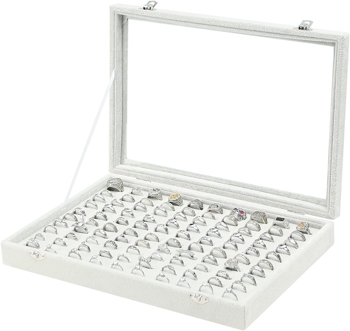 Coward Ring Organizer Jewelry Tray Box, Grey Beige Velvet 100 Slots Ring Display Tray Case with Transparent Glass Lid for Home Use or Store Selling Show