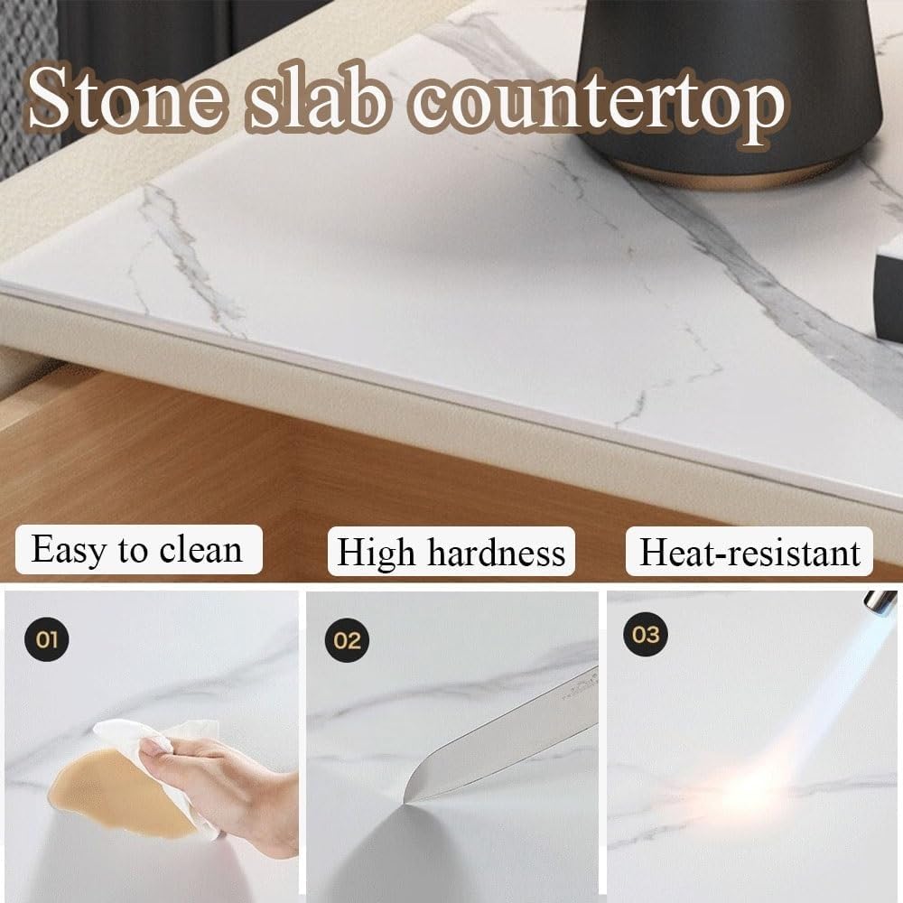 Wood Night Stand with Stone Slab Desktop Modern Bedside Table Side Table Deco...