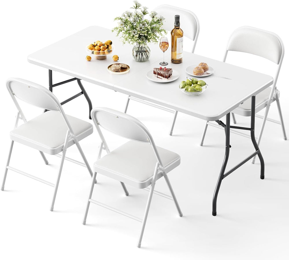 Folding Table and Chairs, 5ft Folding Table with Adjustable Height& PU Le...