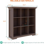 Cube Shelf Bookcase with Base - Wooden 3 Tiers Floor Standing Low Storage Cabinet for Home and Office, 9-Cube Lattice Bookshelf, Walnut
