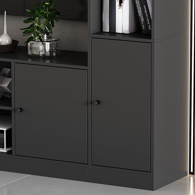 81.1" Large TV Stand with Bookshelves for TVs up to 60", Wall Unit Entertainment Center with Doors, 9 Open Shelves and Cable Holes, Media Console Cabinet for Living Room, Black