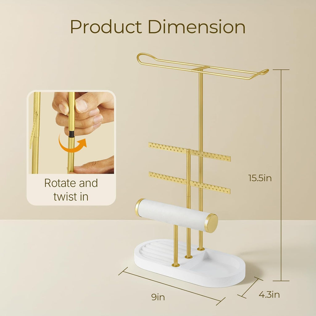 3 Tiers Jewelry Organizer, Earring Holder Organizer with 80 Holes, T-Bar Beige Velvet Bracelet Holder for HeadBands, Earrings, Bracelets, Rings Jewelry Holder Organizer- White Gold