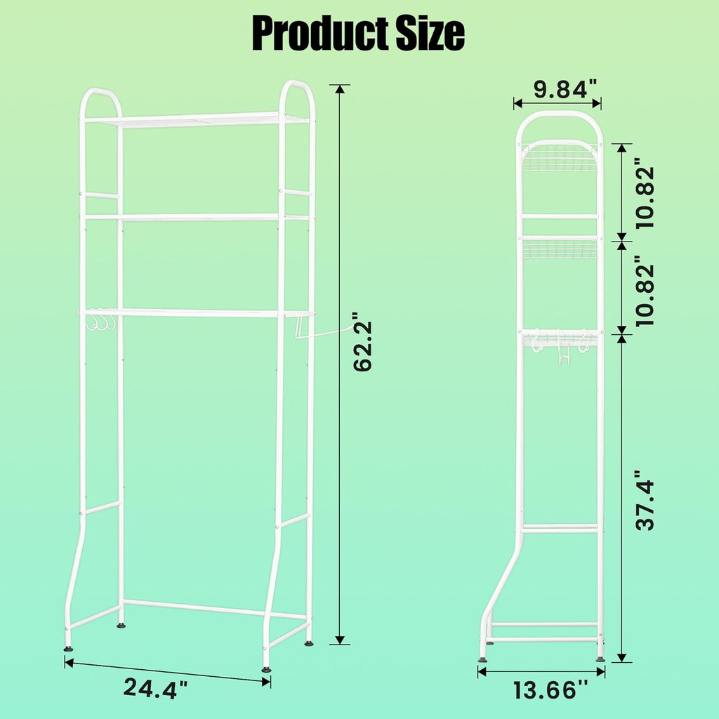 3-Tier Over The Toilet Storage, Metal Over Toilet Bathroom Organizer and Storage for Small Space, Bathroom Shelves Rack with 3 Hooks and Paper Holder, White