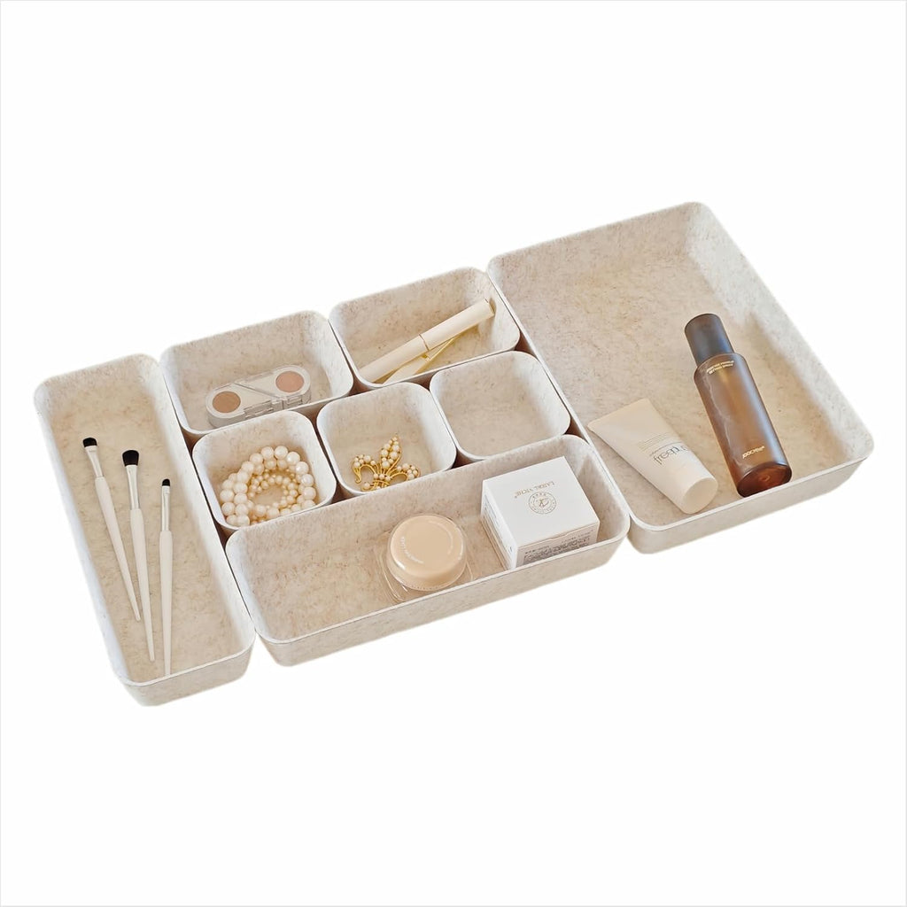 8-Piece Felt Drawer Organizer Set in 4-Sizes, Made from Eco-Friendly Material for Vanity, Makeup, Desk, Office, Kitchen, and Nightstand, Oatmeal Beige