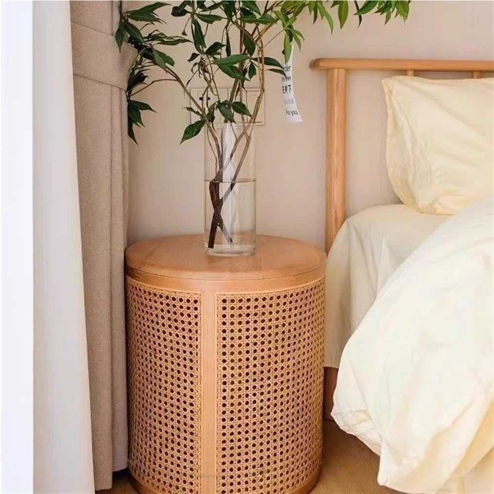 Round Wood Rattan Side Table Japanese Style Small Coffee Table with Storage B...